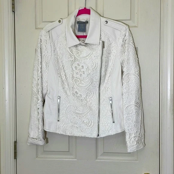 White Leather With Lace Jacket Size Large - Picture 1 of 11